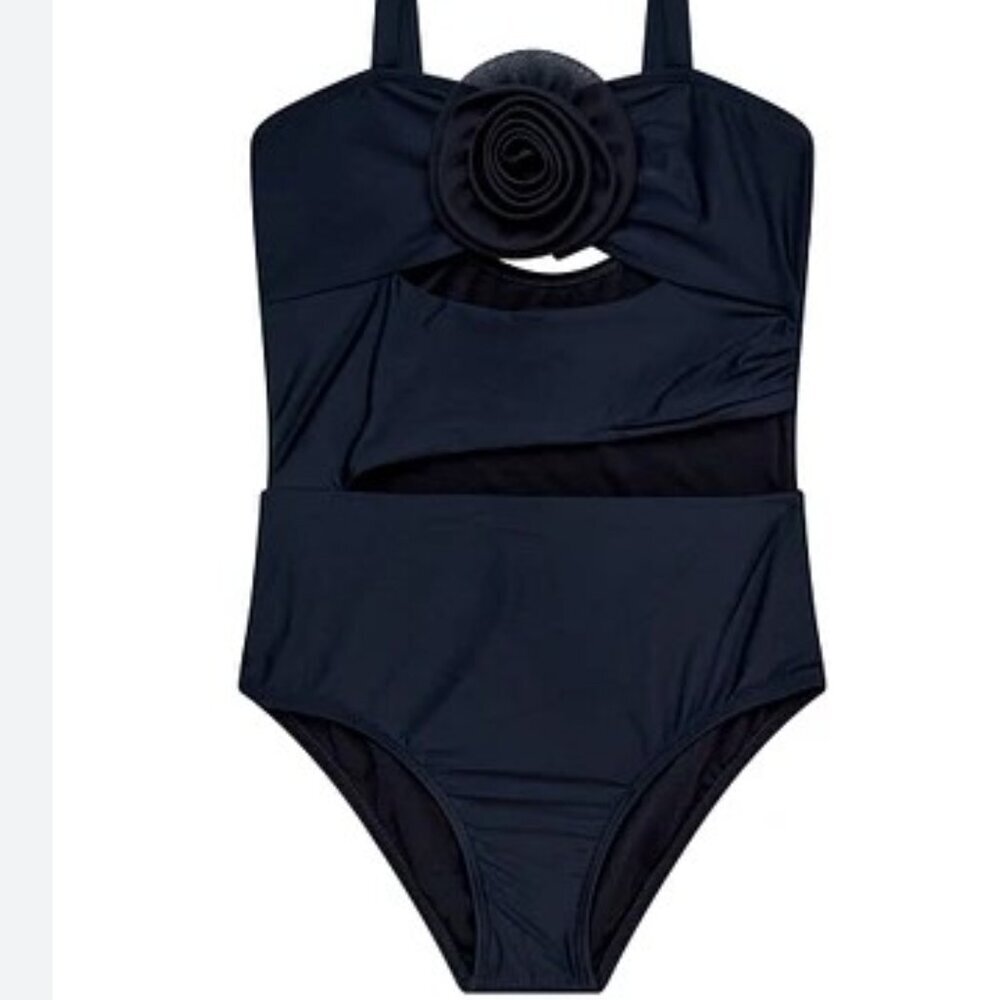 Beach Lingo Girls’ Black One-Piece Swimsuit w/ Floral Detail – Size 7